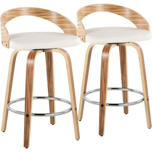 Grotto 26" Swivel Counter Stool in Zebra Wood & White Leatherette w/ Chrome Footrest (Set of 2)